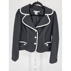 Vintage Maggy London Womens Sz L Button Up Blazer Jacket Black w/ white Trim